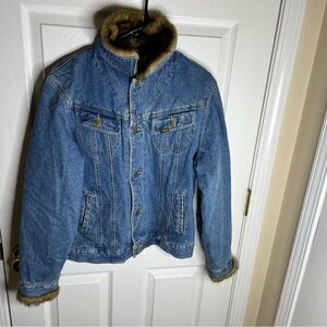 Vintage Lee Women Denim Jacket Faux Fur Collar/Cuffs-Made In Hong Kong Sz Large